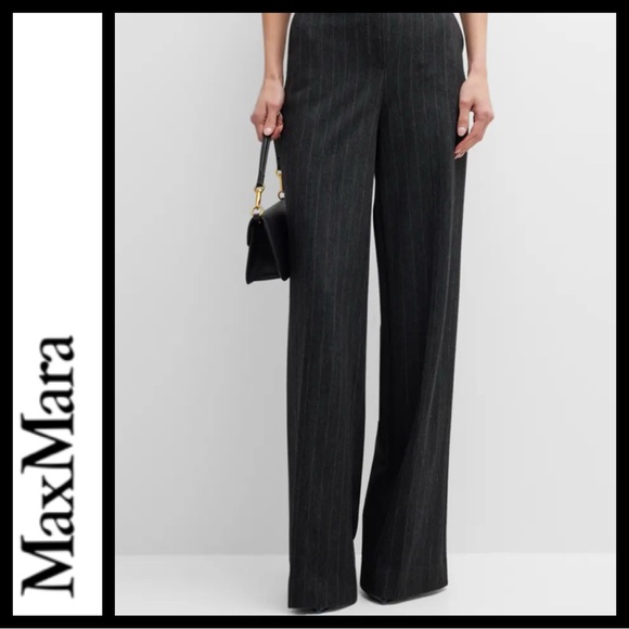 MaxMara Virgin Wool Menswear Pinstripe Wide Leg Trousers - Picture 2 of 9